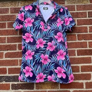 Waggle Polo Shirt Womens M Blue Tropical Floral Golf Stretch Short Sleeve